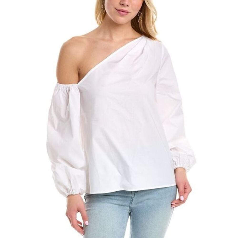 Pearl by Lela Rose White Poplin One Shoulder Long Sleeves Top